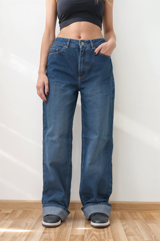 Straight-leg high-waist jeans - Indigo blue